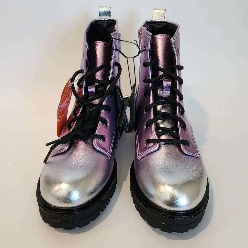 Wonder Nation Big Girls Size 5 Combat Boots Metallic Silvery Purple Color New
